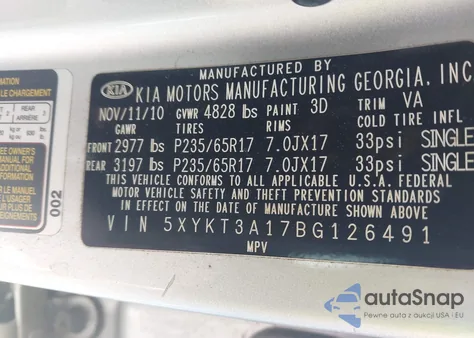 2011 Kia Sorento Lx z USA, uszkodzony, nr VIN 5XYKT3A17BG126491